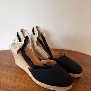 J. Crew Black and Cream Espadrille Wedges
